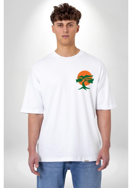 Miyagi-Do Karete Çocuk Logo Dizi Bonzai Ağaç Beyaz Oversize Kadın Erkek Ön ve Sırt Baskılı T-Shirt indirimleri