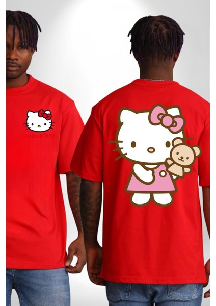 Hello Kitty Kırmızı Oversize Kadın Erkek Ön ve Sırt Baskılı T-Shirt