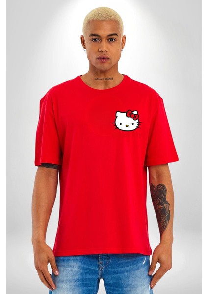 Hello Kitty Kırmızı Oversize Kadın Erkek Ön ve Sırt Baskılı T-Shirt