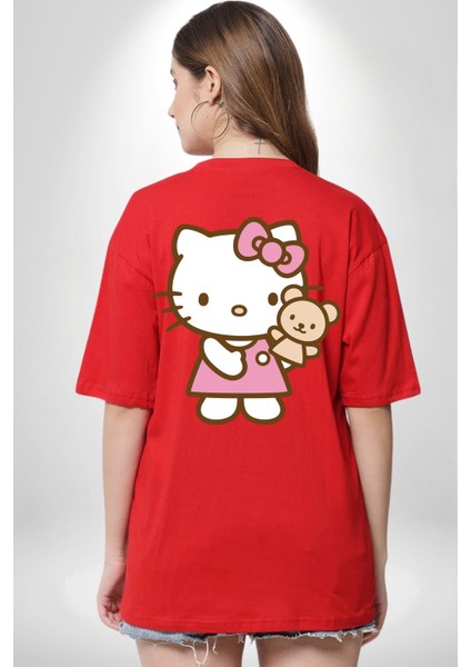 Hello Kitty Kırmızı Oversize Kadın Erkek Ön ve Sırt Baskılı T-Shirt