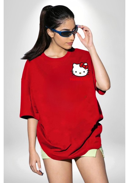 Hello Kitty Kırmızı Oversize Kadın Erkek Ön ve Sırt Baskılı T-Shirt