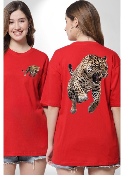 Jaguar Sırtından Çıkan Kırmızı Oversize Kadın Erkek Ön ve Sırt Baskılı T-Shirt
