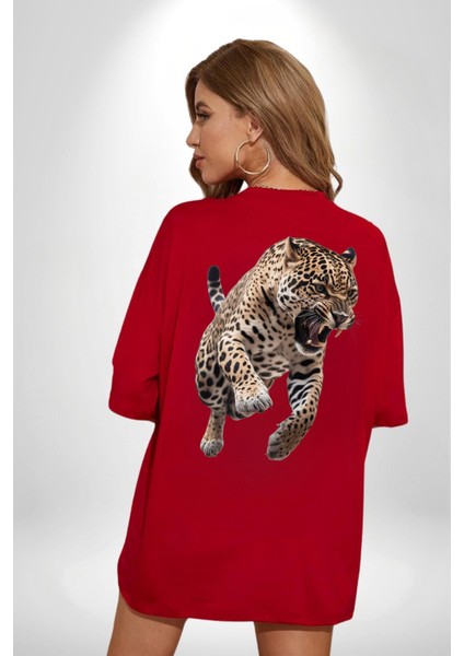 Jaguar Sırtından Çıkan Kırmızı Oversize Kadın Erkek Ön ve Sırt Baskılı T-Shirt fiyatları