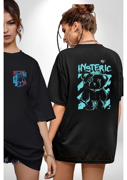 Histerik Siyah Oversize Kadın Erkek Ön ve Sırt Baskılı T-Shirt