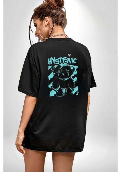 Histerik Siyah Oversize Kadın Erkek Ön ve Sırt Baskılı T-Shirt modelleri