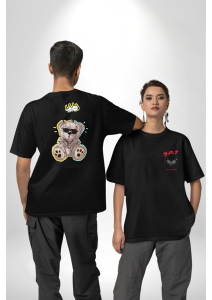 Gerçeklikten Uzak Tutun Siyah Oversize Kadın Erkek Ön ve Sırt Baskılı T-Shirt