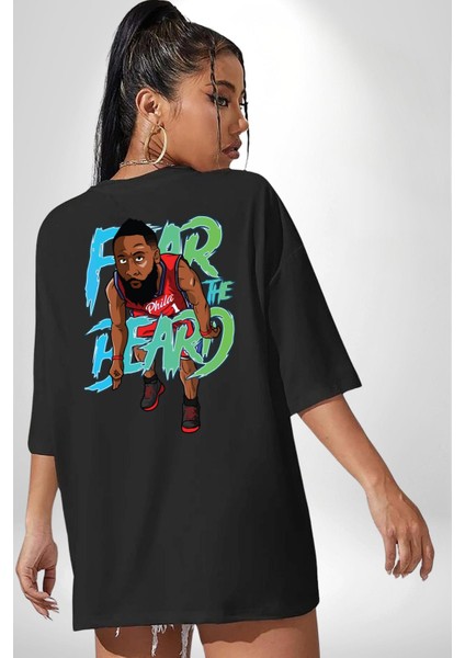 Sakaldan Korkmak Yazılı Basketbol James Harden Star Siyah Oversize Kadın Erkek Ön ve Sırt Baskılı T-Shirt indirimleri