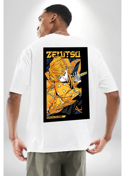 Zenitsu Agatsuma Anime Beyaz Oversize Kadın Erkek Ön ve Sırt Baskılı T-Shirt fırsatları