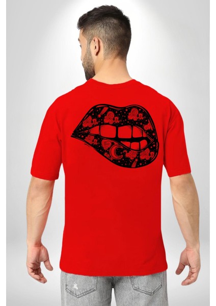 Ay Yıldız Dudak Bulut Dövme Kırmızı Oversize Kadın Erkek Ön ve Sırt Baskılı T-Shirt fiyatları