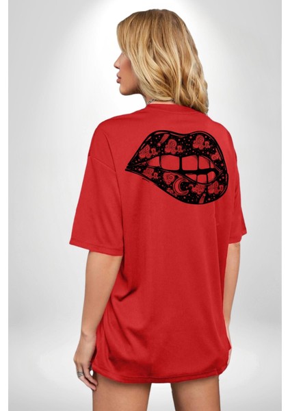 Ay Yıldız Dudak Bulut Dövme Kırmızı Oversize Kadın Erkek Ön ve Sırt Baskılı T-Shirt fırsatları