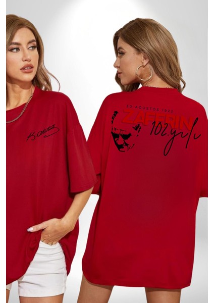 30 Ağustos Zafer Bayramı Atatürk Imzası Kırmızı Oversize Kadın Erkek Ön Ve Sırt Baskılı T-Shirt
