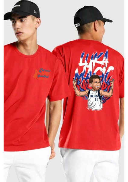 Luka Luka Doncic Basketboll Dallas Kırmızı Oversize Kadın Erkek Ön ve Sırt Baskılı T-Shirt