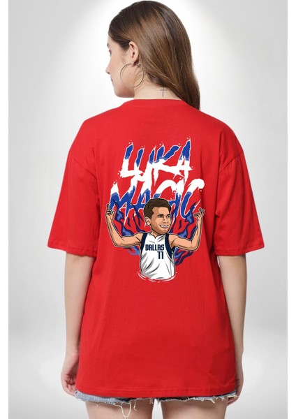 Luka Luka Doncic Basketboll Dallas Kırmızı Oversize Kadın Erkek Ön ve Sırt Baskılı T-Shirt