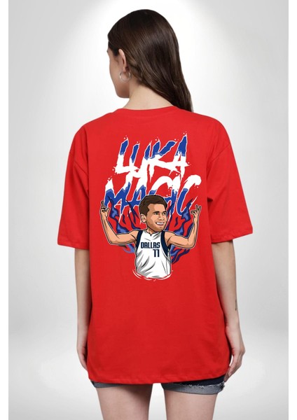 Luka Luka Doncic Basketboll Dallas Kırmızı Oversize Kadın Erkek Ön ve Sırt Baskılı T-Shirt