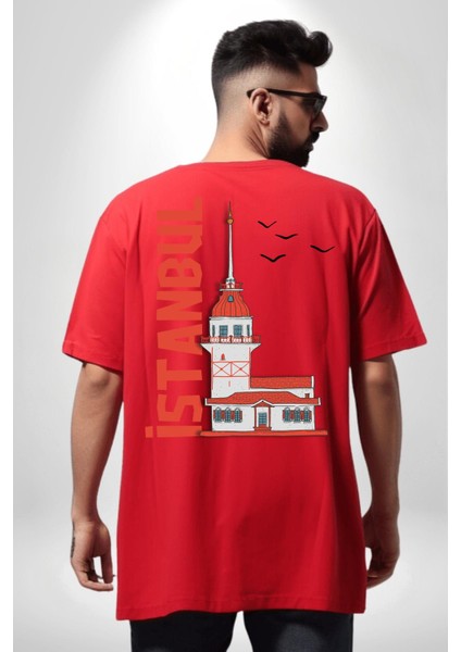 Istanbul Kız Kulesi Türkiye Kırmızı Oversize Kadın Erkek Ön ve Sırt Baskılı T-Shirt fiyatları
