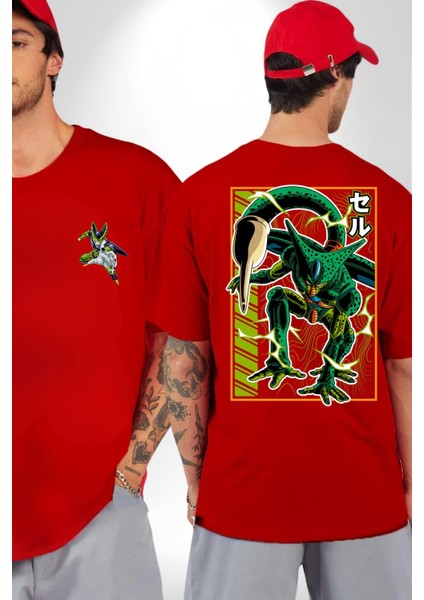 Anime Dragonball Cell Kırmızı Oversize Kadın Erkek Ön ve Sırt Baskılı T-Shirt