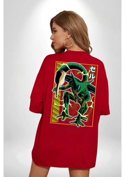 Anime Dragonball Cell Kırmızı Oversize Kadın Erkek Ön ve Sırt Baskılı T-Shirt