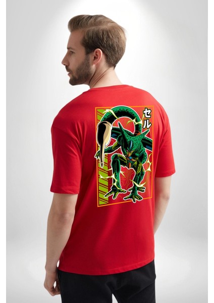 Anime Dragonball Cell Kırmızı Oversize Kadın Erkek Ön ve Sırt Baskılı T-Shirt
