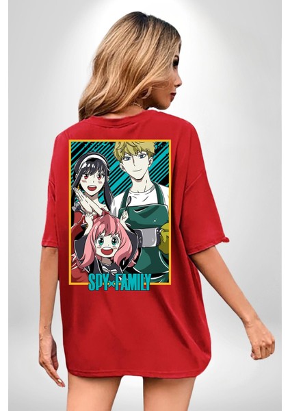Spy x Family Anime Özel Tasarım Kırmızı Oversize Kadın Erkek Ön ve Sırt Baskılı T-Shirt fırsatları