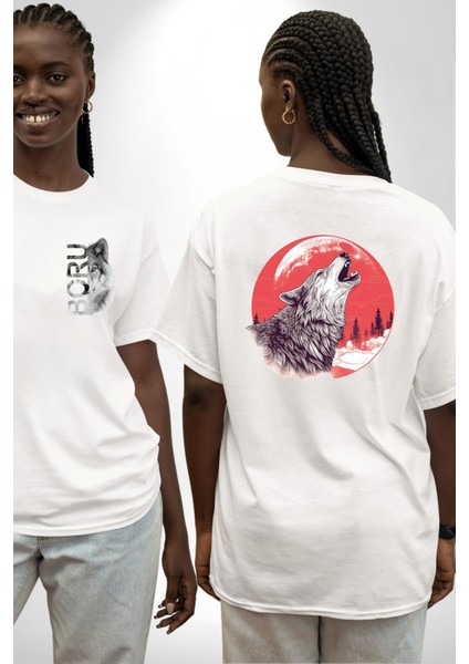 Uluyan Beyaz Kurt Beyaz Oversize Kadın Erkek Ön ve Sırt Baskılı T-Shirt