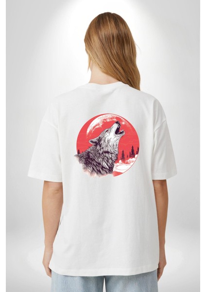 Uluyan Beyaz Kurt Beyaz Oversize Kadın Erkek Ön ve Sırt Baskılı T-Shirt fiyatları