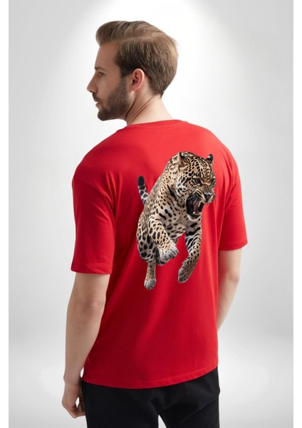 Jaguar Sırtından Çıkan Kırmızı Oversize Kadın Erkek Ön ve Sırt Baskılı T-Shirt fırsatları