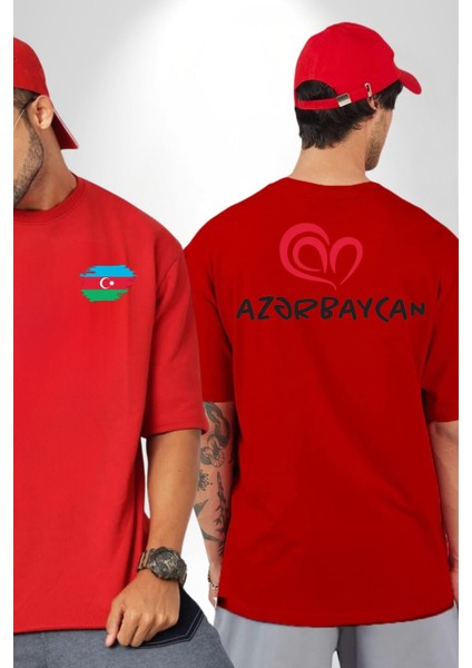 Azerbaycan Seviyorum I Love Azarbaycan Kırmızı Oversize Kadın Erkek Ön ve Sırt Baskılı T-Shirt