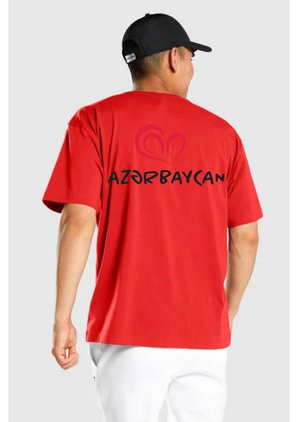 Azerbaycan Seviyorum I Love Azarbaycan Kırmızı Oversize Kadın Erkek Ön ve Sırt Baskılı T-Shirt