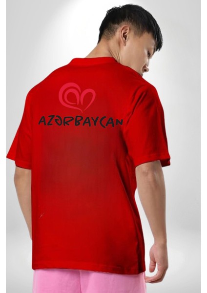 Azerbaycan Seviyorum I Love Azarbaycan Kırmızı Oversize Kadın Erkek Ön ve Sırt Baskılı T-Shirt