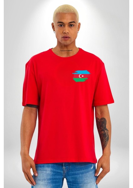 Azerbaycan Seviyorum I Love Azarbaycan Kırmızı Oversize Kadın Erkek Ön ve Sırt Baskılı T-Shirt