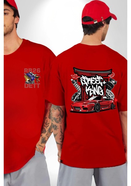 Japon Sokak Yarış Kralı Kırmızı Oversize Kadın Erkek Ön ve Sırt Baskılı T-Shirt