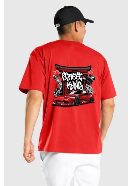 Japon Sokak Yarış Kralı Kırmızı Oversize Kadın Erkek Ön ve Sırt Baskılı T-Shirt fırsatları