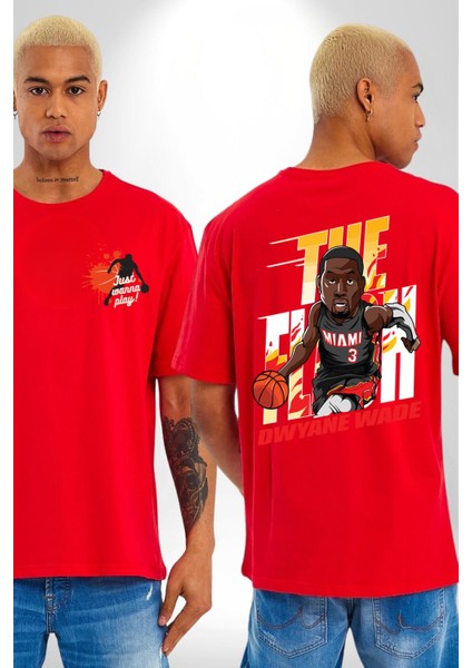 Dwyane Wade Miami Basketbol Kırmızı Oversize Kadın Erkek Ön ve Sırt Baskılı T-Shirt