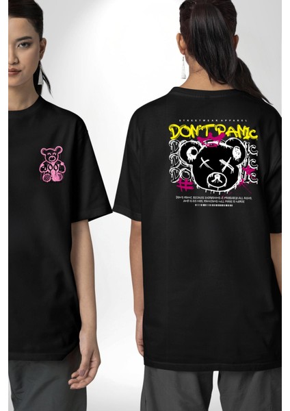 Panik Yok Teddy Siyah Oversize Kadın Erkek Ön ve Sırt Baskılı T-Shirt