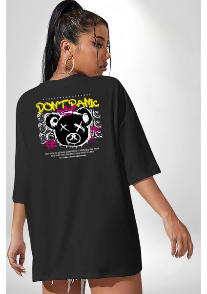 Panik Yok Teddy Siyah Oversize Kadın Erkek Ön ve Sırt Baskılı T-Shirt