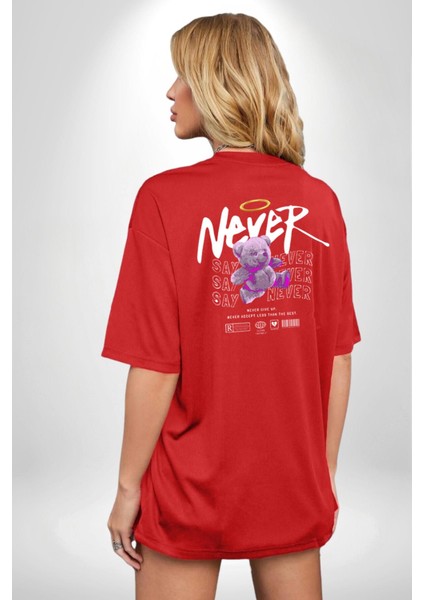 Asla Asla Deme Kırmızı Oversize Kadın Erkek Ön ve Sırt Baskılı T-Shirt