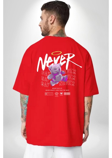 Asla Asla Deme Kırmızı Oversize Kadın Erkek Ön ve Sırt Baskılı T-Shirt
