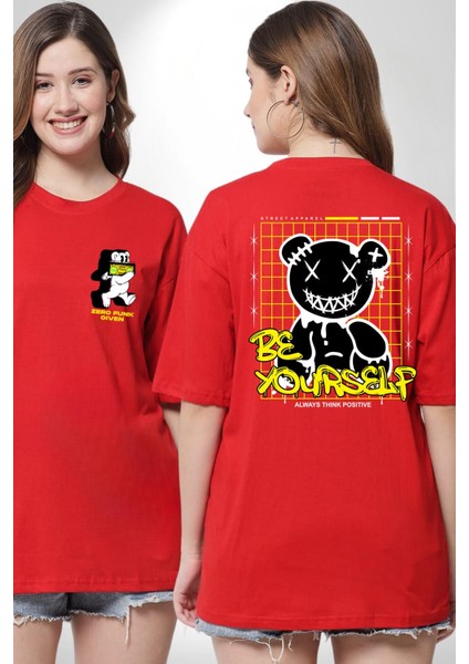 Kendin Ol Kırmızı Oversize Kadın Erkek Ön ve Sırt Baskılı T-Shirt