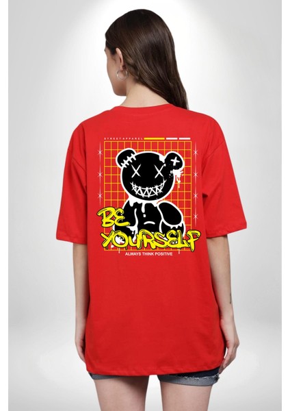 Kendin Ol Kırmızı Oversize Kadın Erkek Ön ve Sırt Baskılı T-Shirt fiyatları