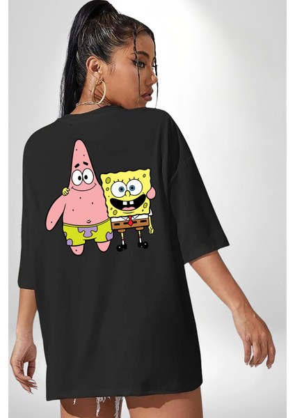 Patric ve Sünger Bob Siyah Oversize Kadın Erkek Ön ve Sırt Baskılı T-Shirt