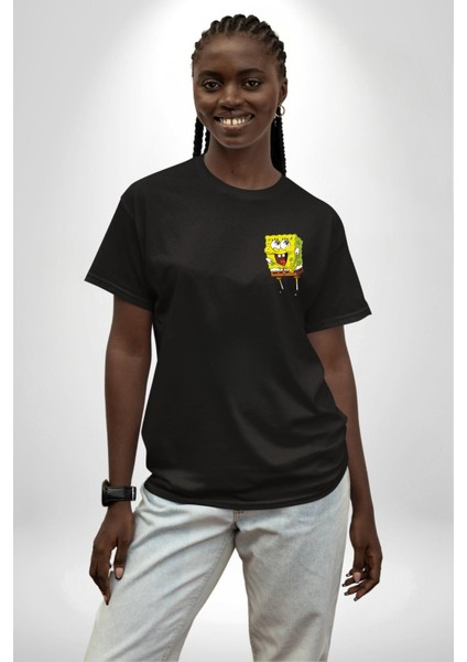 Patric ve Sünger Bob Siyah Oversize Kadın Erkek Ön ve Sırt Baskılı T-Shirt