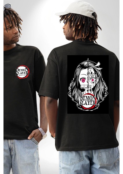 Anime Demon Slayer Siyah Oversize Kadın Erkek Ön ve Sırt Baskılı T-Shirt