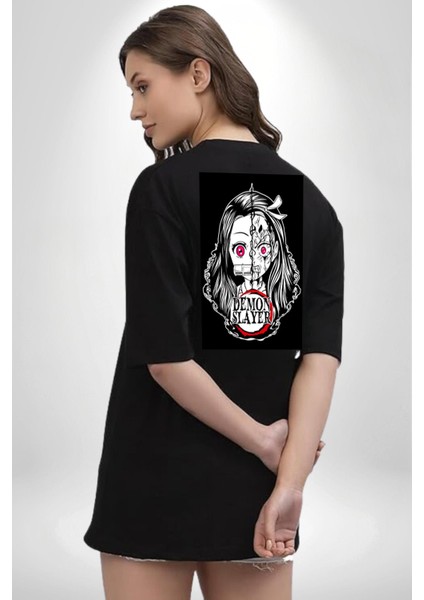 Anime Demon Slayer Siyah Oversize Kadın Erkek Ön ve Sırt Baskılı T-Shirt modelleri