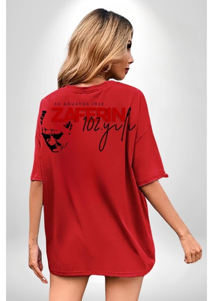 30 Ağustos Zafer Bayramı Atatürk Imzası Kırmızı Oversize Kadın Erkek Ön Ve Sırt Baskılı T-Shirt