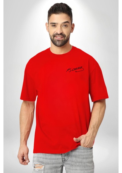 30 Ağustos Zafer Bayramı Atatürk Imzası Kırmızı Oversize Kadın Erkek Ön Ve Sırt Baskılı T-Shirt