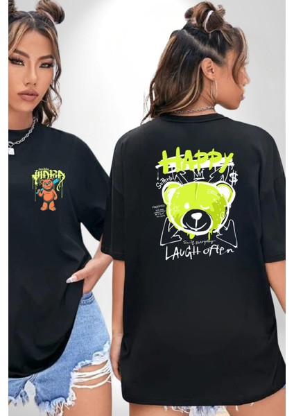 Sık Sık Mutlu Gülmek Teddy Bear Siyah Oversize Kadın Erkek Ön ve Sırt Baskılı T-Shirt