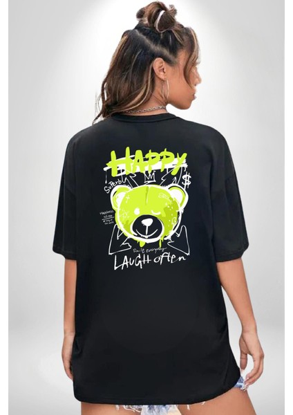Sık Sık Mutlu Gülmek Teddy Bear Siyah Oversize Kadın Erkek Ön ve Sırt Baskılı T-Shirt modelleri