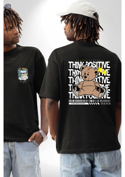 Positive Düşünce Siyah Oversize Kadın Erkek Ön ve Sırt Baskılı T-Shirt
