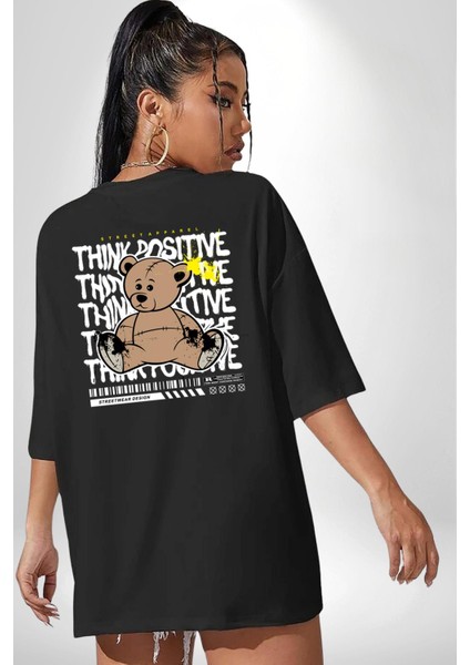 Positive Düşünce Siyah Oversize Kadın Erkek Ön ve Sırt Baskılı T-Shirt indirimleri