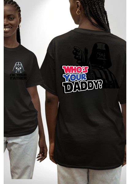 Darth Vader Senin Baban Kim ? Siyah Oversize Kadın Erkek Ön ve Sırt Baskılı T-Shirt